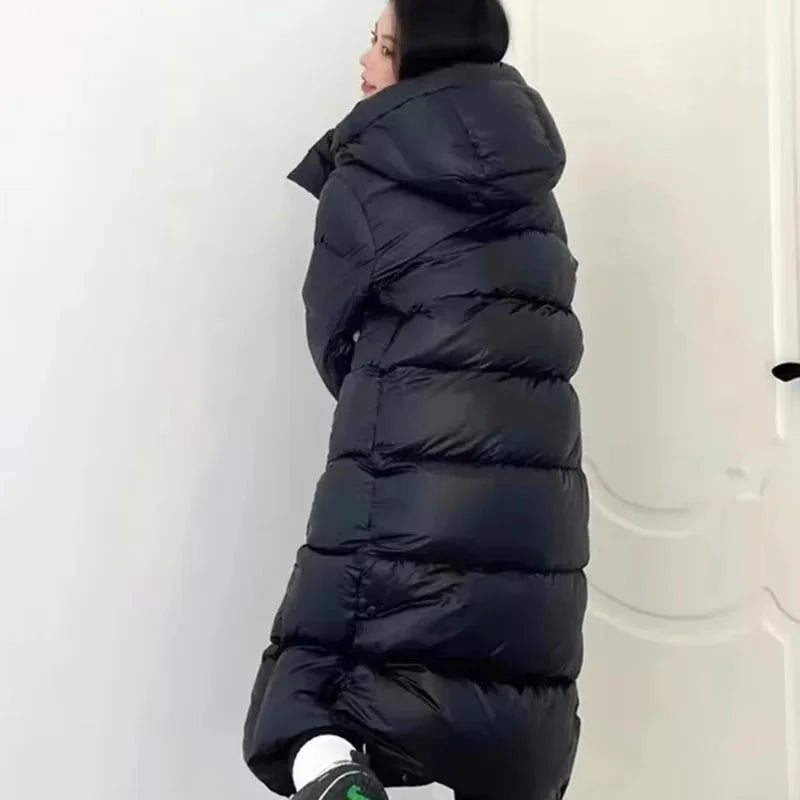 Winter Women Loose Cotton Padded Jacket Korean Ladies Long Over The Knee Puffer Coat Female Hooded Black Warm Cotton Padded