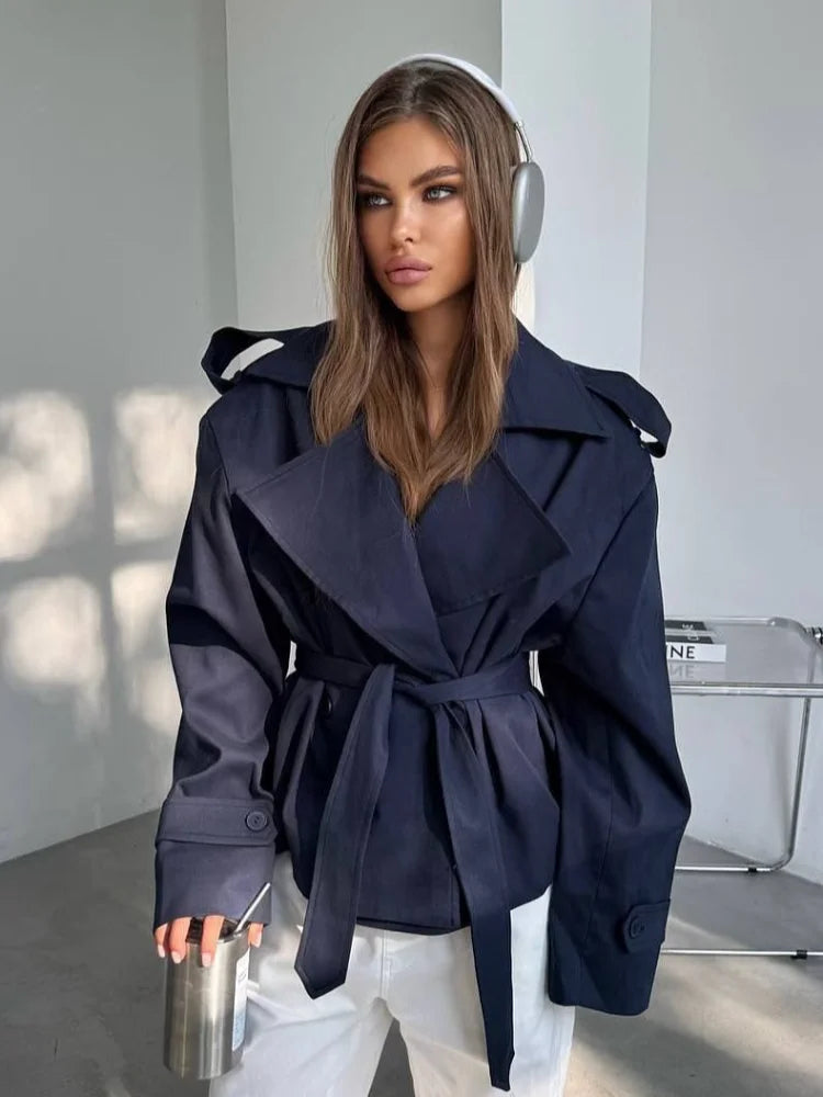 Fashion Lace up Cropped Trench Coat Women Lapel Long Sleeves Wide Shoulder Windbreaker Jacket Fall Commuting Daily Jackets 2025