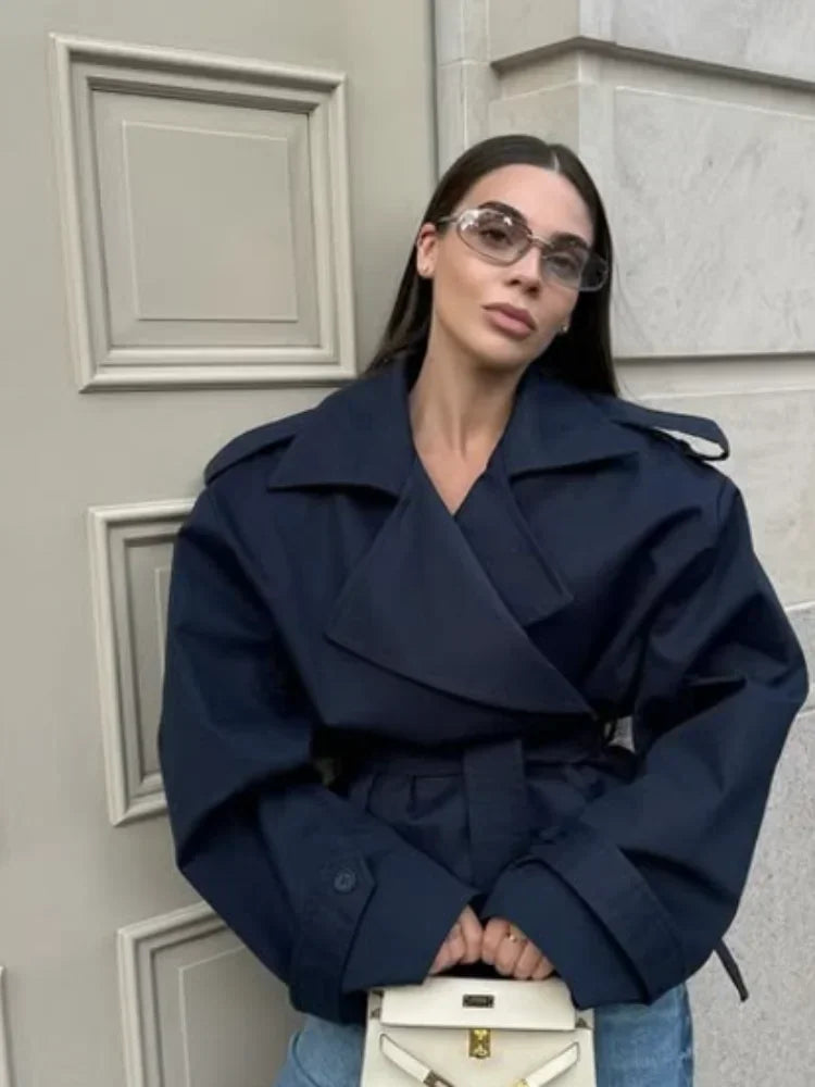 Fashion Lace up Cropped Trench Coat Women Lapel Long Sleeves Wide Shoulder Windbreaker Jacket Fall Commuting Daily Jackets 2025