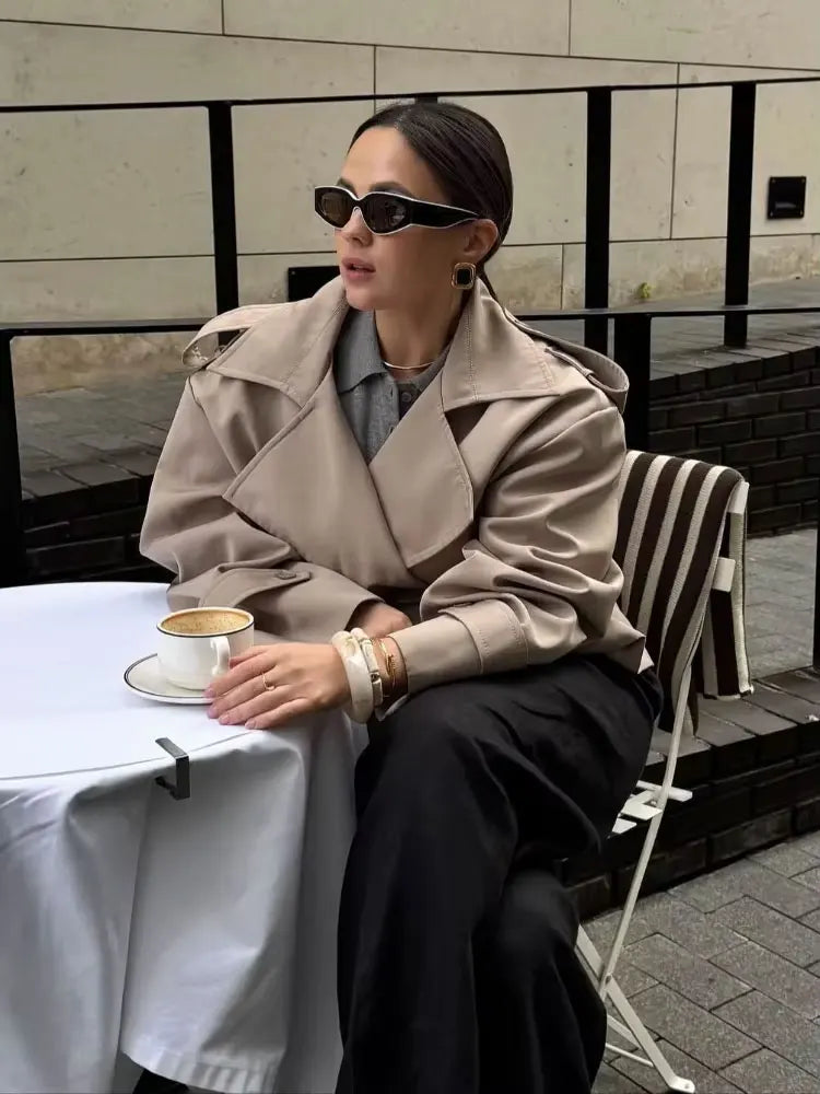 Fashion Lace up Cropped Trench Coat Women Lapel Long Sleeves Wide Shoulder Windbreaker Jacket Fall Commuting Daily Jackets 2025