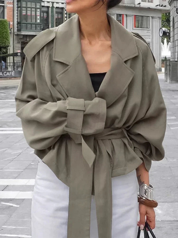 Fashion Lace up Cropped Trench Coat Women Lapel Long Sleeves Wide Shoulder Windbreaker Jacket Fall Commuting Daily Jackets 2025