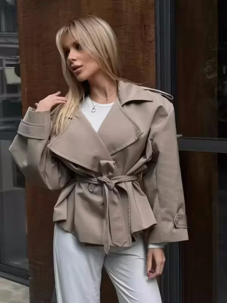 Fashion Lace up Cropped Trench Coat Women Lapel Long Sleeves Wide Shoulder Windbreaker Jacket Fall Commuting Daily Jackets 2025